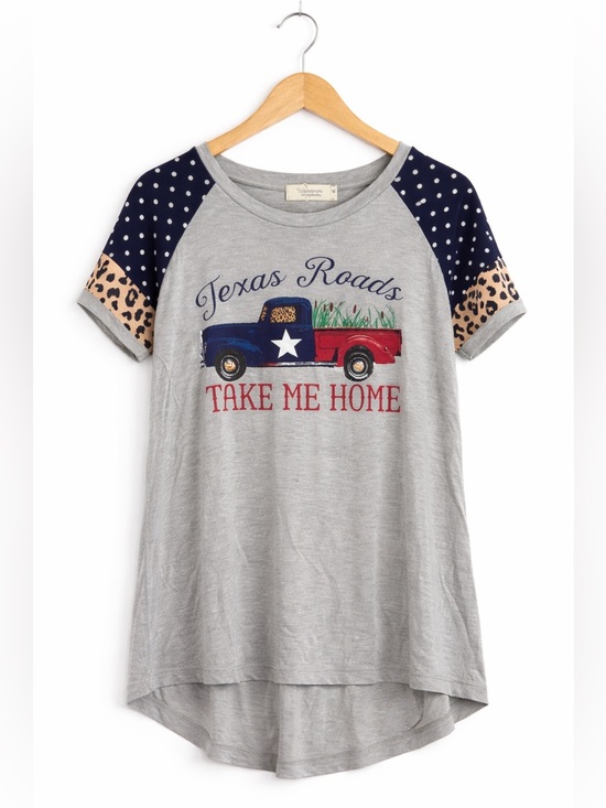 Tops - New - Texas Roads Graphic Tee in Grey with Navy & Leopard Accent
